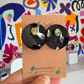 Crinkled Circle Earrings Black & Gold