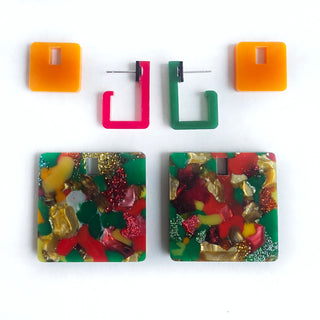 Interchangeable Square Earrings in Burgundy and Green