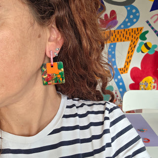 Interchangeable Square Earrings in Burgundy and Green