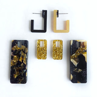 Interchangeable Rectangular Gold and Black Earrings